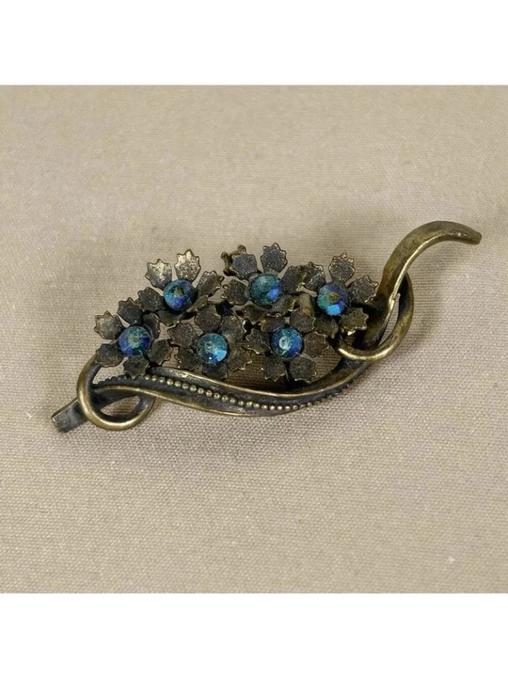 Vintage Art Nouveau Revival Floral Brooch Antique Bronze AB Rhinestone C39
